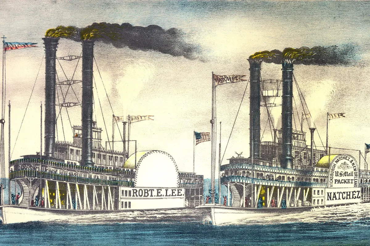 A hand-coloured Currier and Ives lithograph of two steamboats racing, the Robert E. Lee and the Natchez, with black smoke from their chimneys